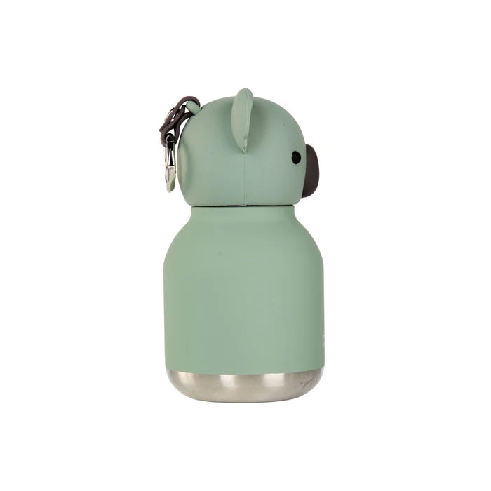 Mint green koala-shaped water bottle with a keychain on a white background