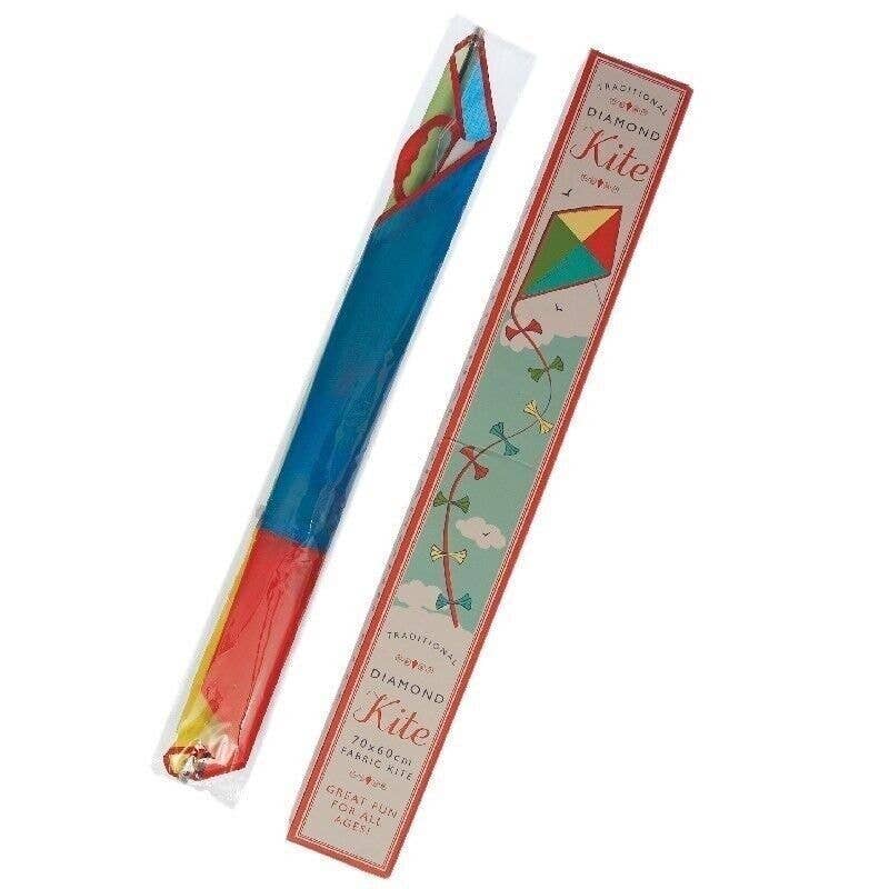 Packaged kite with colorful design on a white background
