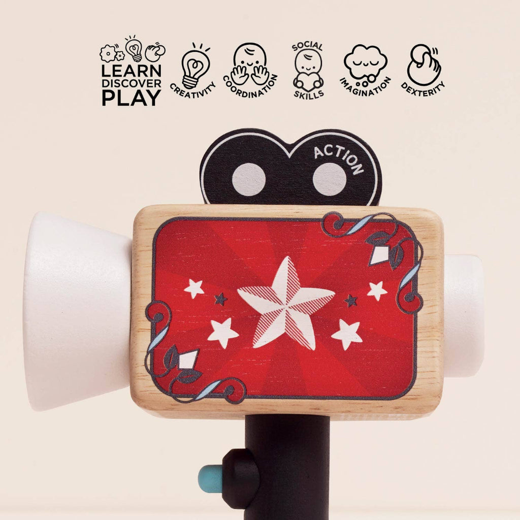 Toy with a red star design on a beige background, featuring icons and text about learning and play.
