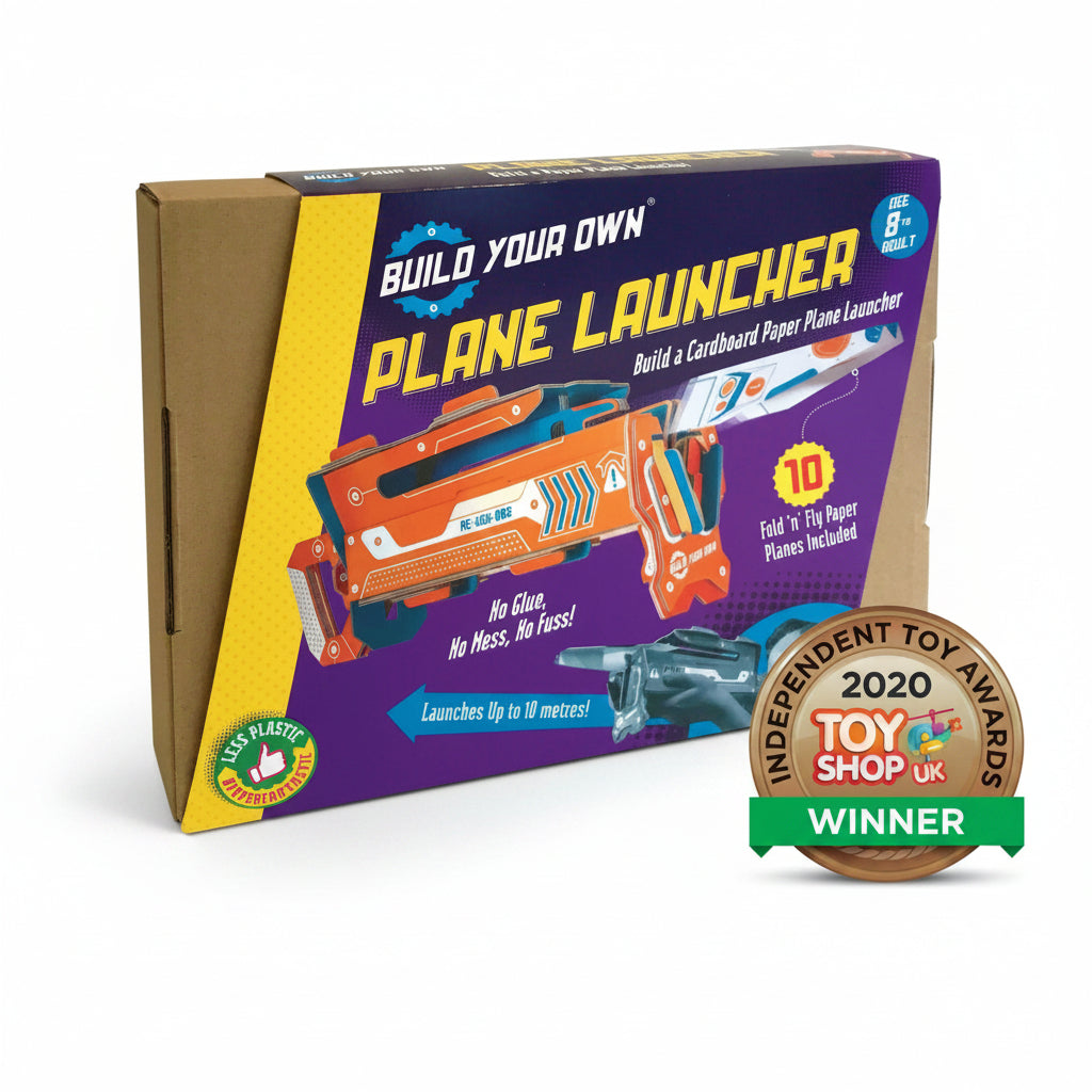 Box for 'Build Your Own Plane Launcher' toy set with colorful plane and packaging details.