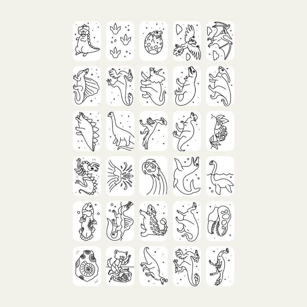 All 30 Dinosaurs refill card designs for KIDYDRAW MINI, including a T-rex, triceratops, stegosaurus, pterodactyl, dinosaur eggs, fossils and a volcano
