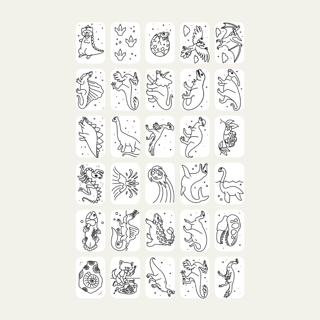 All 30 Dinosaurs refill card designs for KIDYDRAW MINI, including a T-rex, triceratops, stegosaurus, pterodactyl, dinosaur eggs, fossils and a volcano