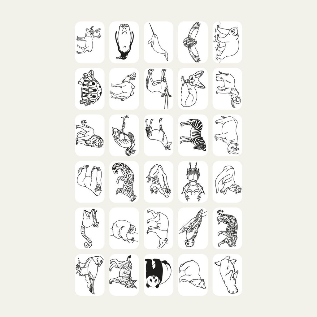 All 30 Animals Around the World refill card designs for KIDYDRAW MINI, including a lion, elephant, zebra, tiger, panda, penguin, giraffe, gorilla and fennec fox
