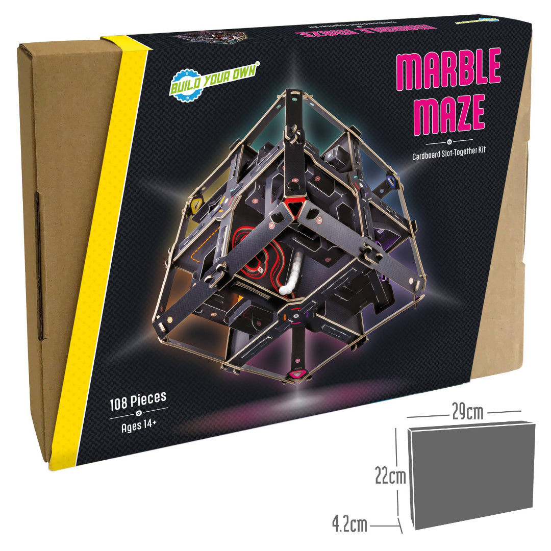 Marble maze kit packaging with dimensions and product details.
