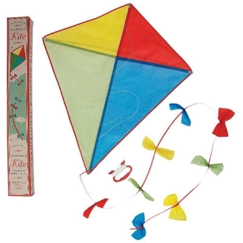 Colorful diamond-shaped kite with a matching box on a white background