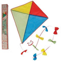 Colorful diamond-shaped kite with a matching box on a white background