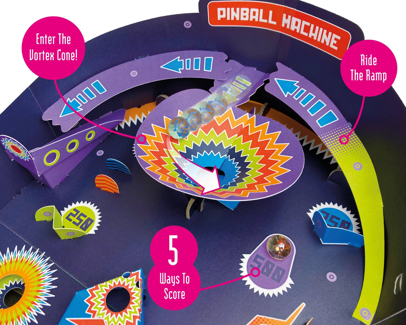 Colourful pinball machine toy with various elements and text on a blue background