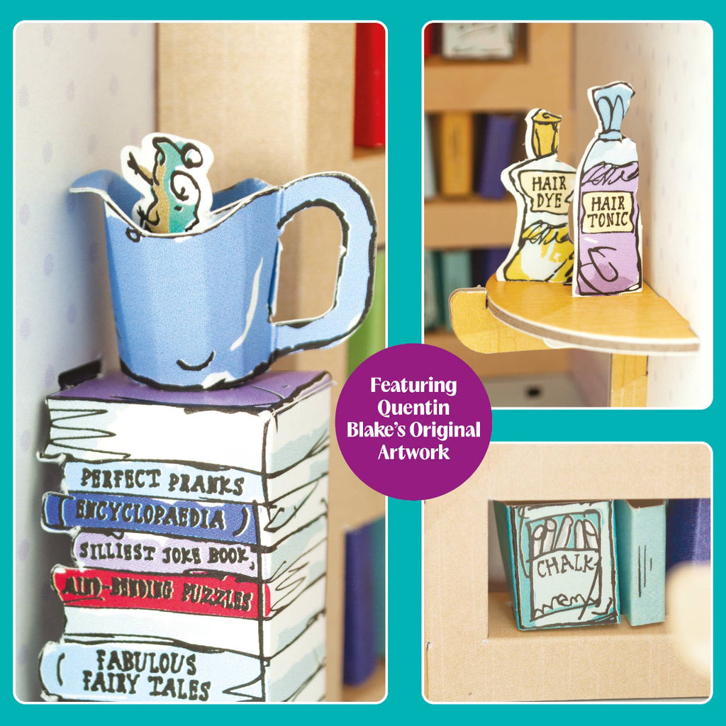 Collage of small paper items including a blue pitcher, books, and bottles on a teal background.