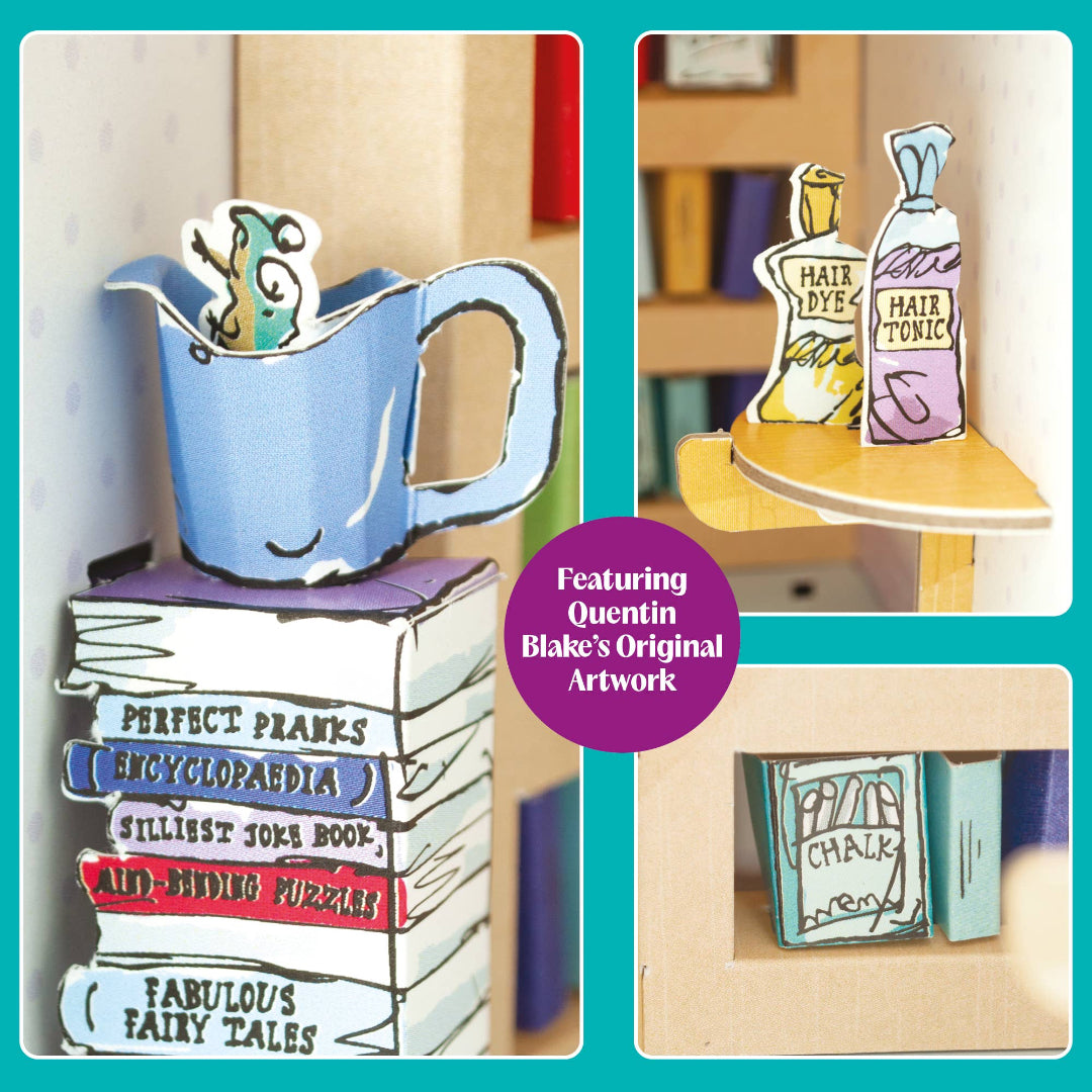 Collage of small paper items including a blue pitcher, books, and bottles on a teal background.