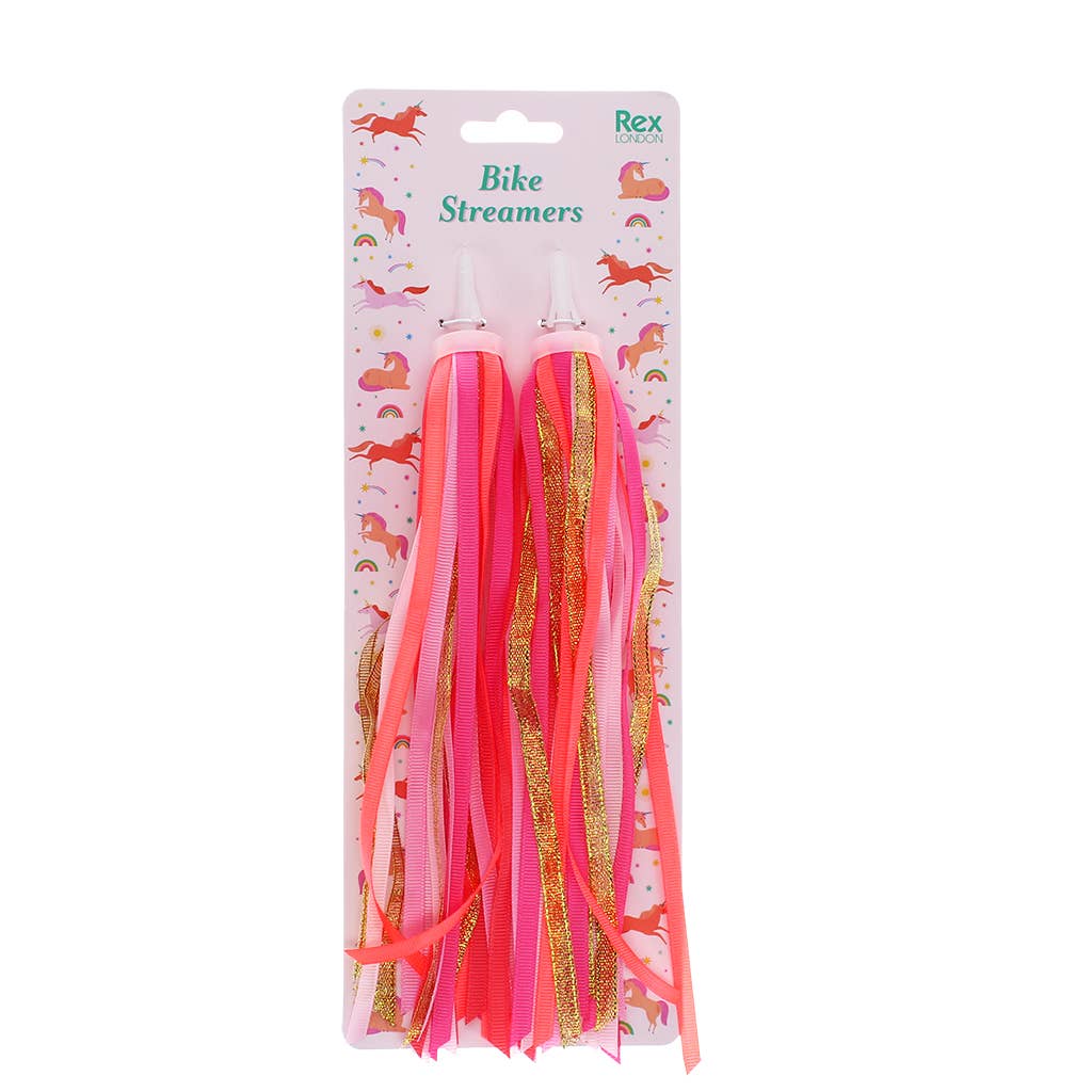 Pink and gold bike streamers with Rex branding on a white background