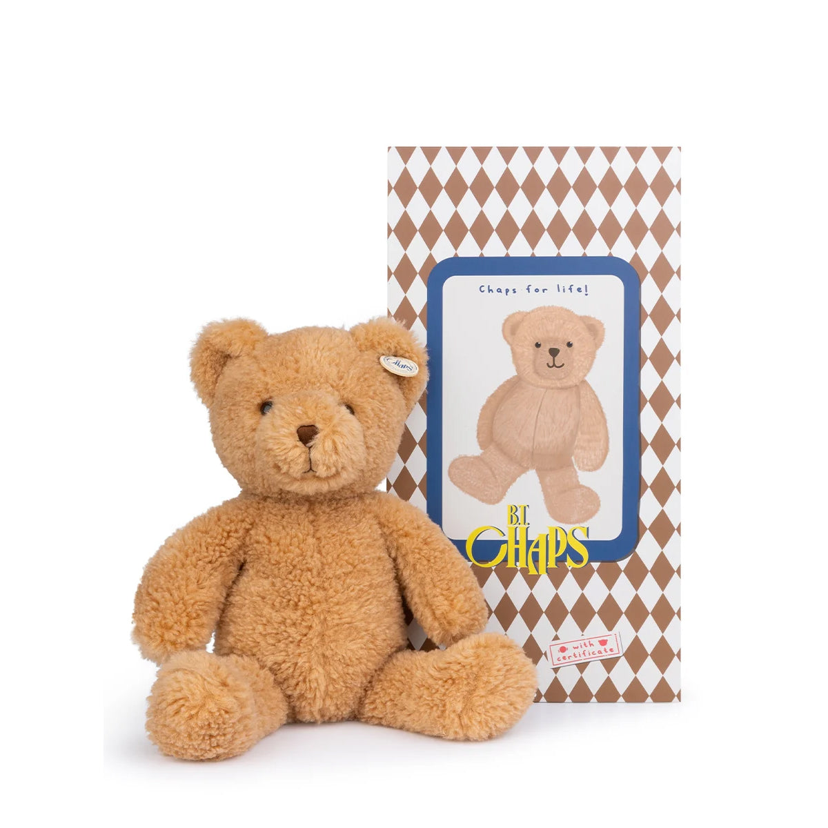 Brown teddy bear with a matching gift box on a white background