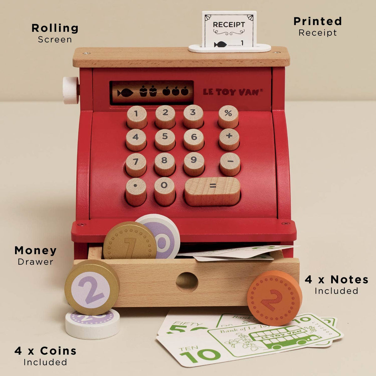 Le Toy Van Wooden Shop Till, Cash Register & Money