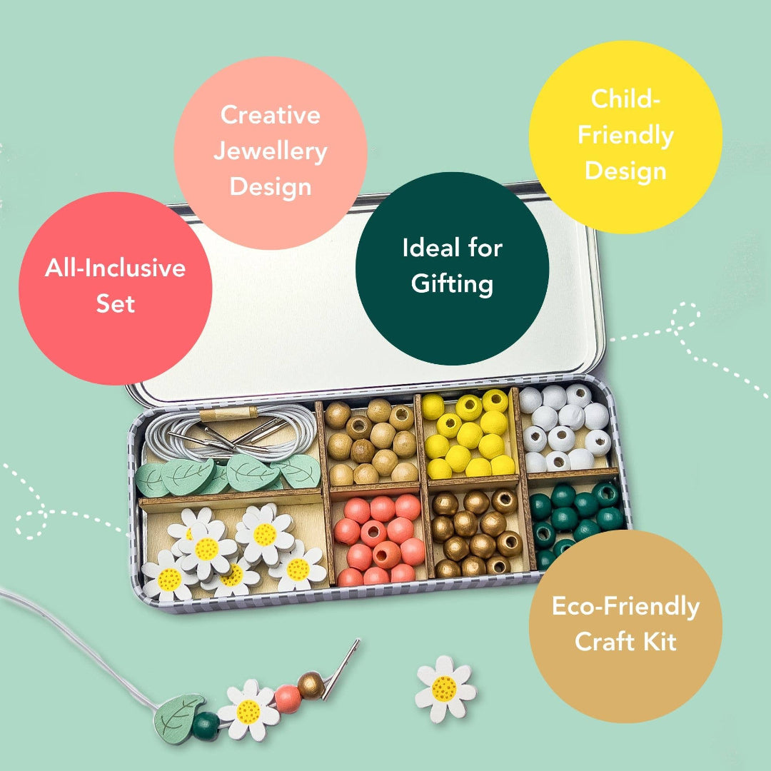 Jewellery design kit with beads and tools on a light green background, featuring text labels.