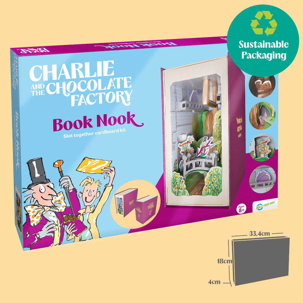 Charlie and the Chocolate Factory Book Nook slot together cardboard kit packaging shown on a beige background, with a green 'Sustainable Packaging' badge and a small dimension diagram of the gray cardboard insert.