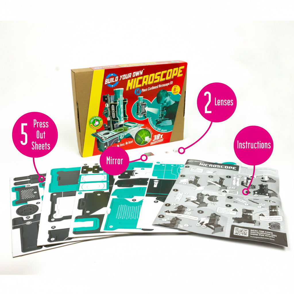 Build your own microscope kit with packaging, components, and instructions on a white background.