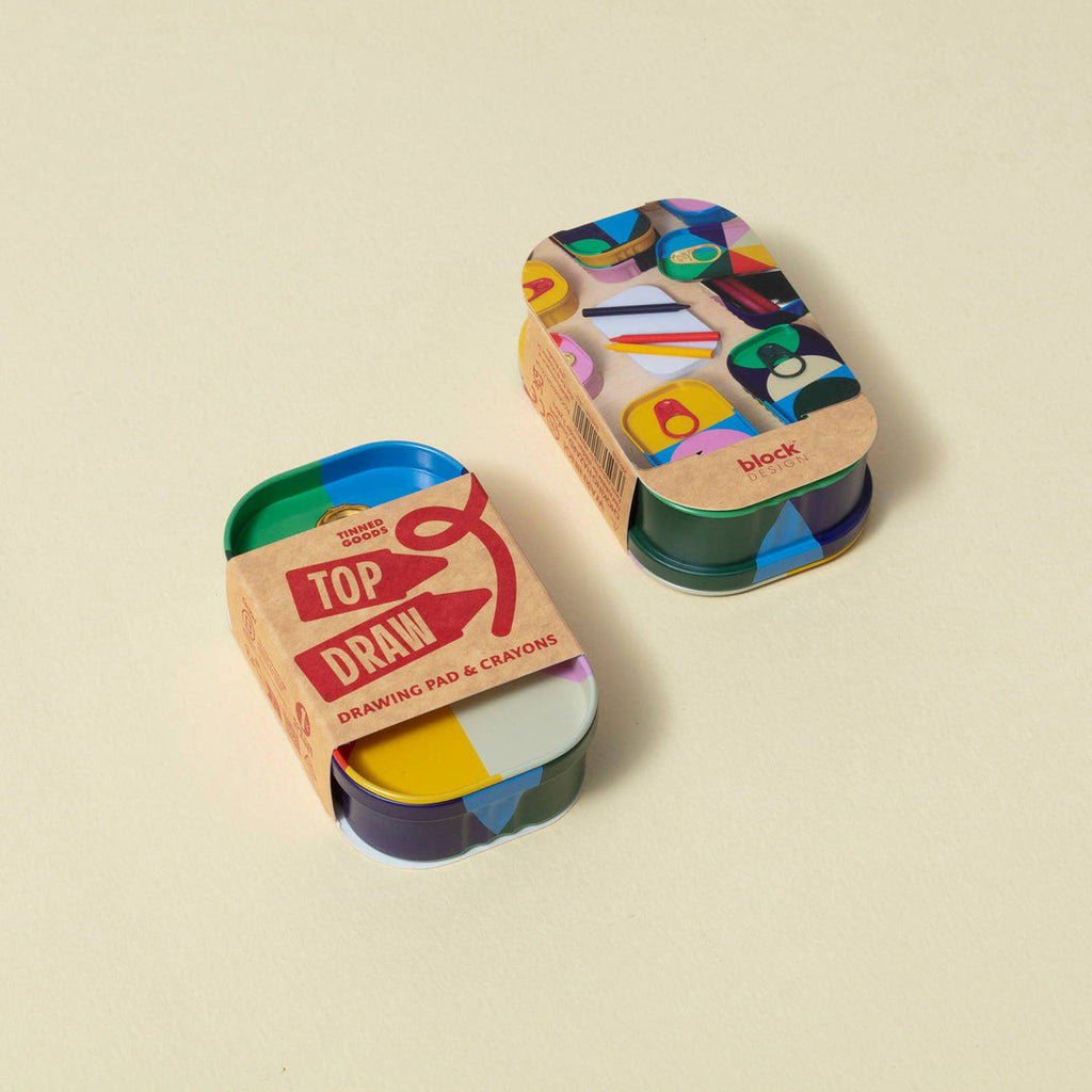 Block Design Tinned Goods kids' travel art set with wax crayons and a drawing pad in a colourful tin, image 3