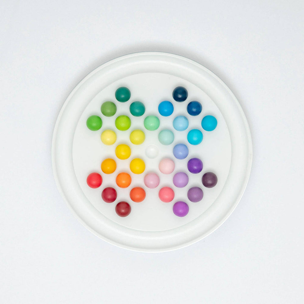 Block Design Gradient Solitaire, a round wooden peg solitaire board with 33 rainbow colour wheel balls, image 3