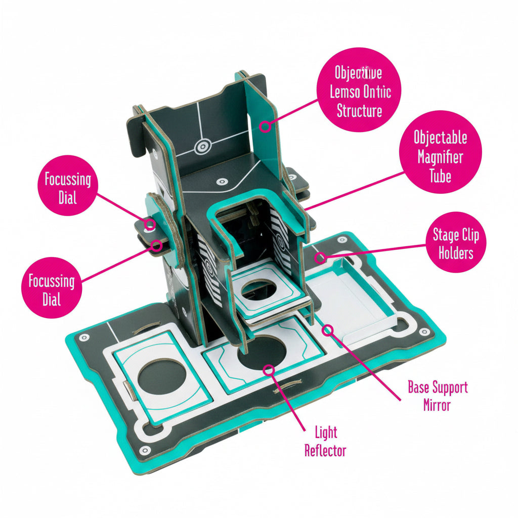 Teal magnifying device with focussing dial and removable magnifier tube held by a hand on a white background.
