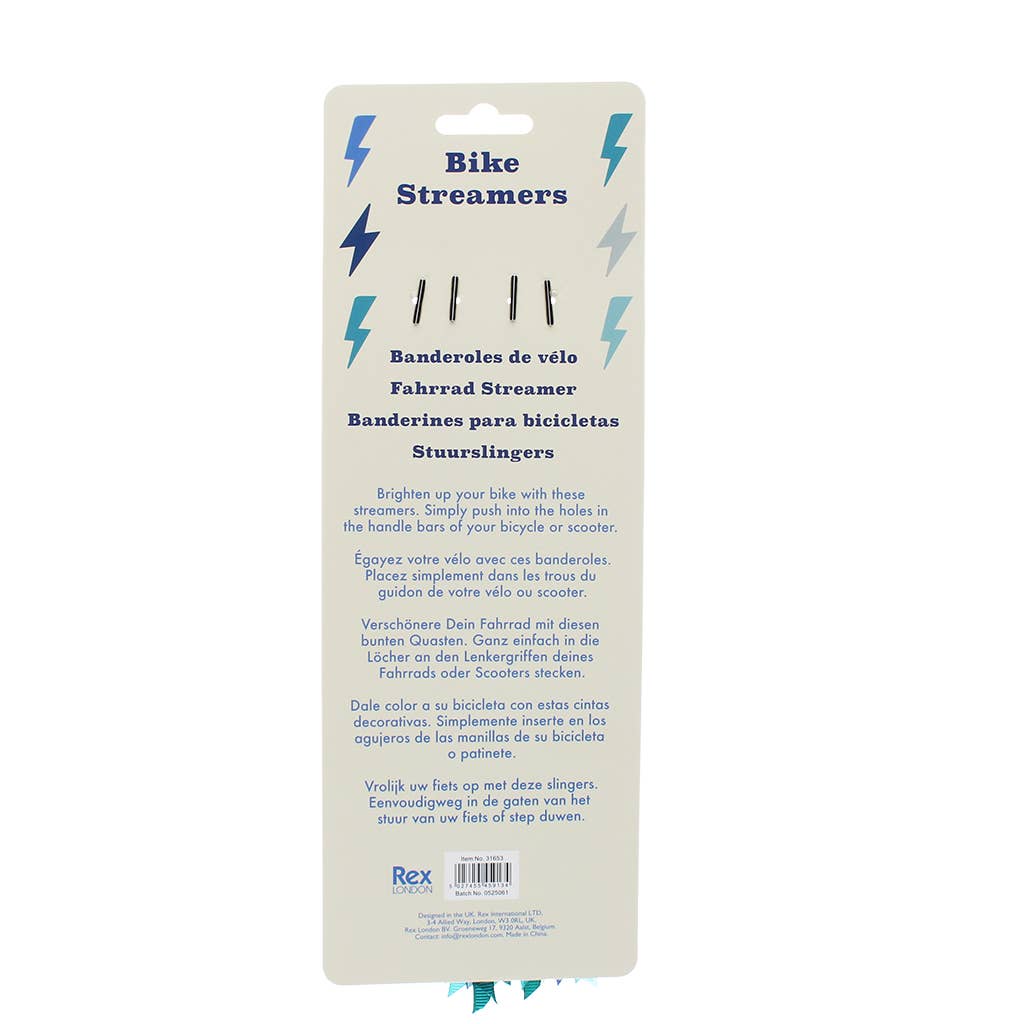 Packaging of bike streamers with text and branding on a white background