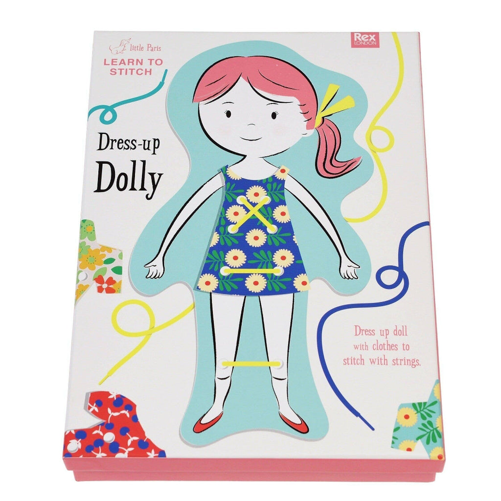 Book cover of 'Dress-up Dolly' with a cartoon girl and colorful dress on a white background.