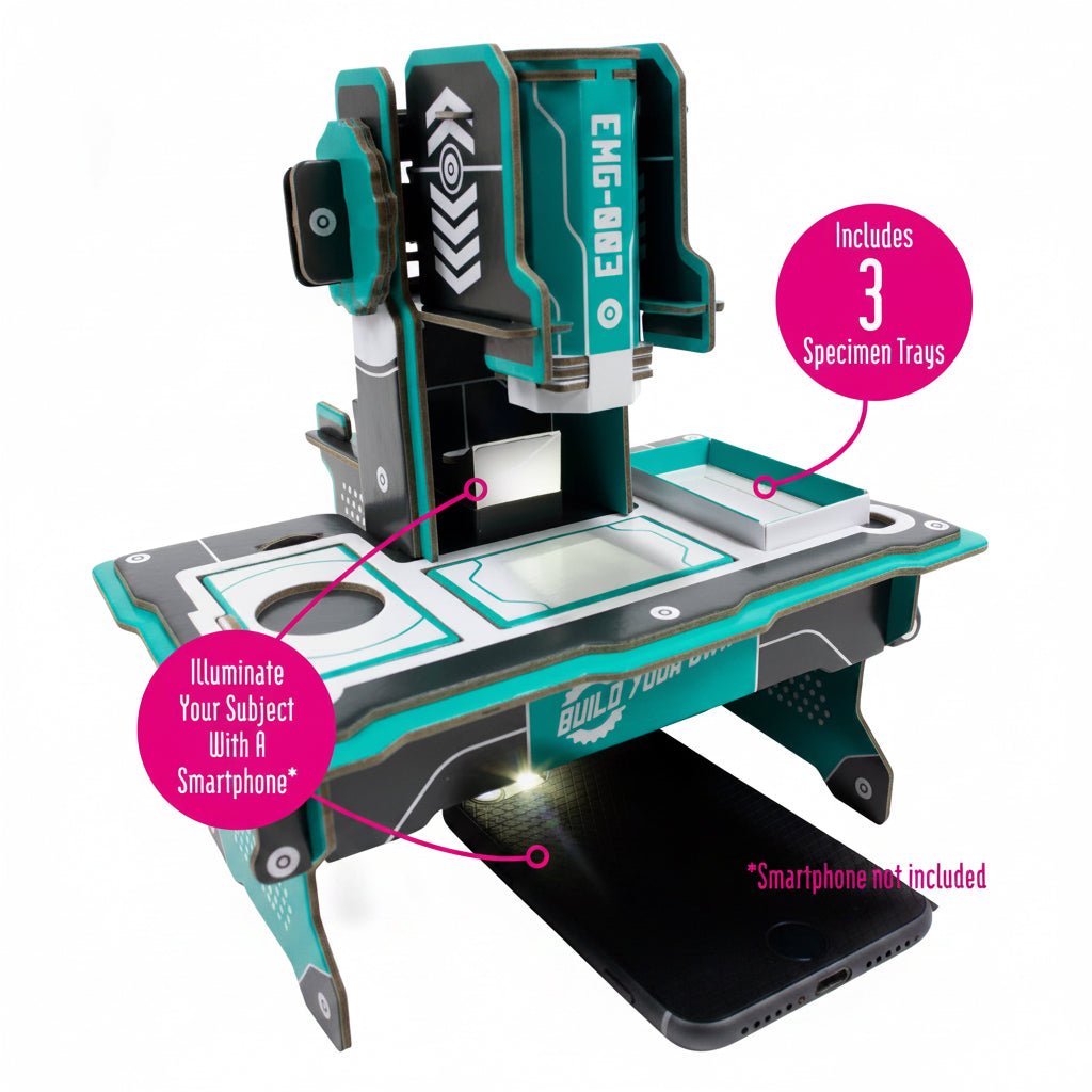 Scientific microscope with smartphone illumination feature on a white background