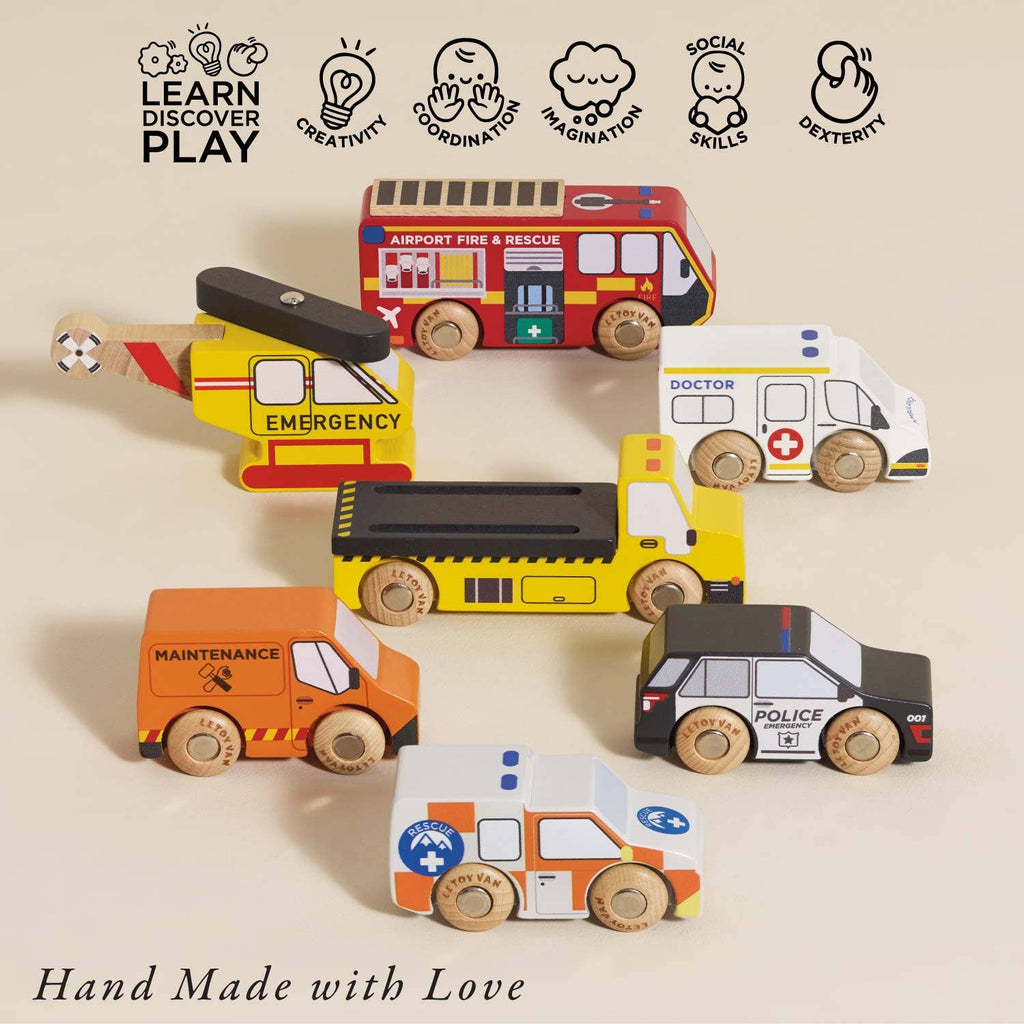 Set of hand-made wooden toy vehicles on a beige background with icons and text indicating skills developed.