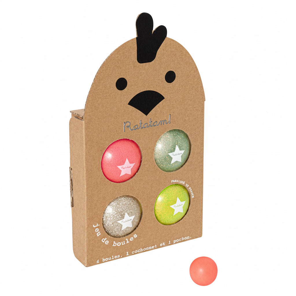 Game of Boule with glitter balls. Cardboard box with a rooster design containing