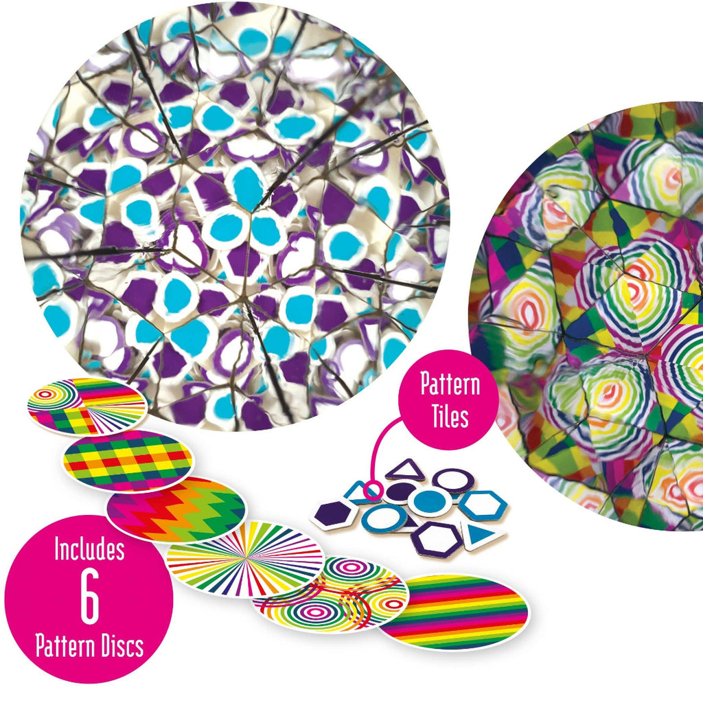 Colorful patterned discs and tiles on a white background