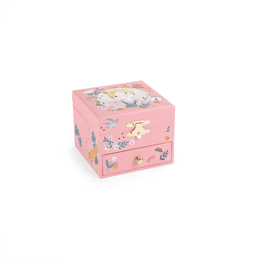Pink jewellery box with floral and character design on a white background