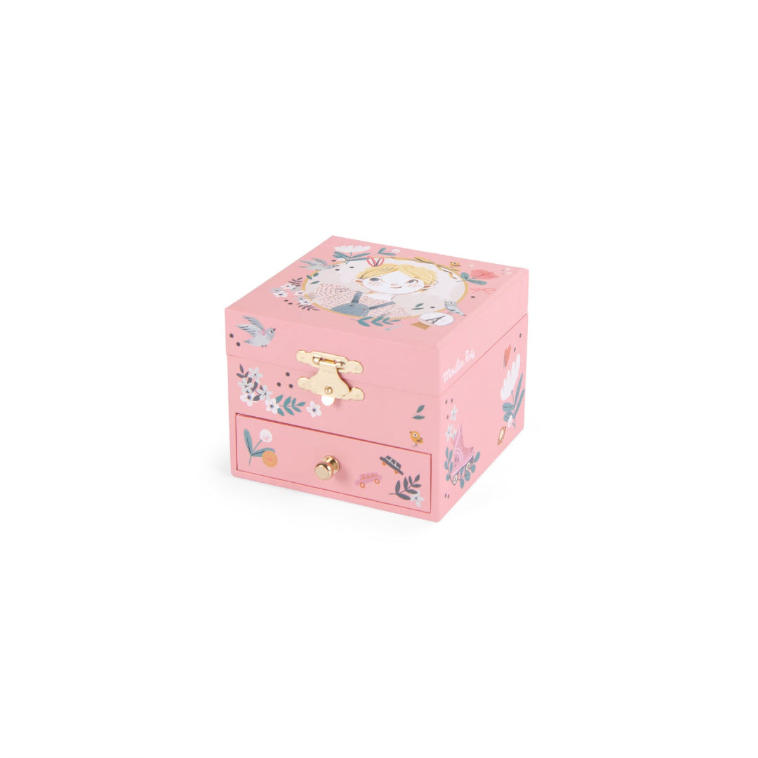 A pink decorative jewelry box with a small front drawer, decorated with a cartoon bunny illustration and pastel floral details, shown on a plain white background.