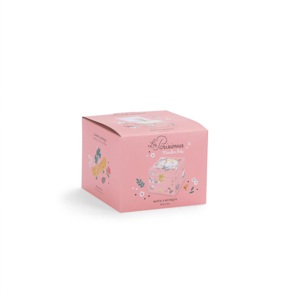 Pink packaging box with floral designs on a white background