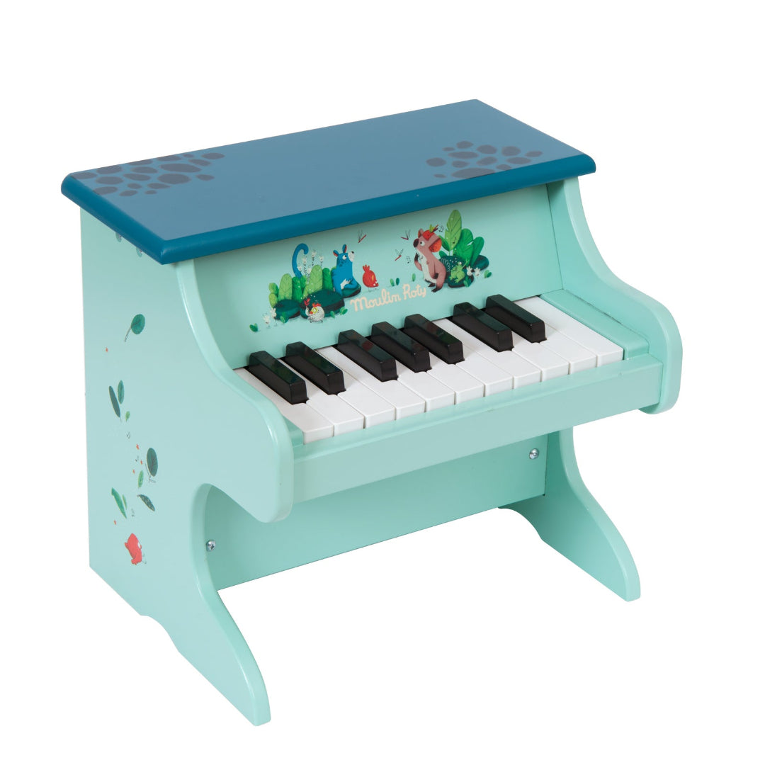 Children's toy piano with blue top and light blue body on a white background