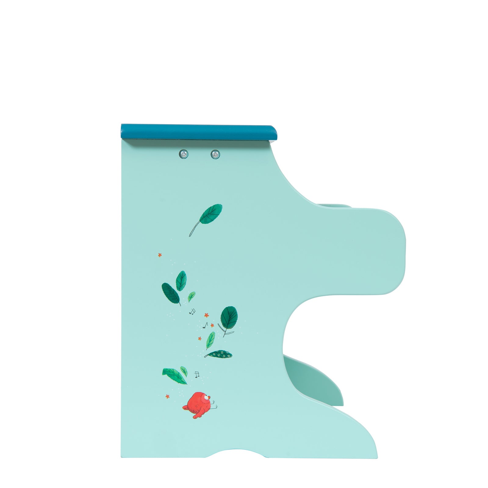 Light blue piano with green leaves and a red fish design on a white background
