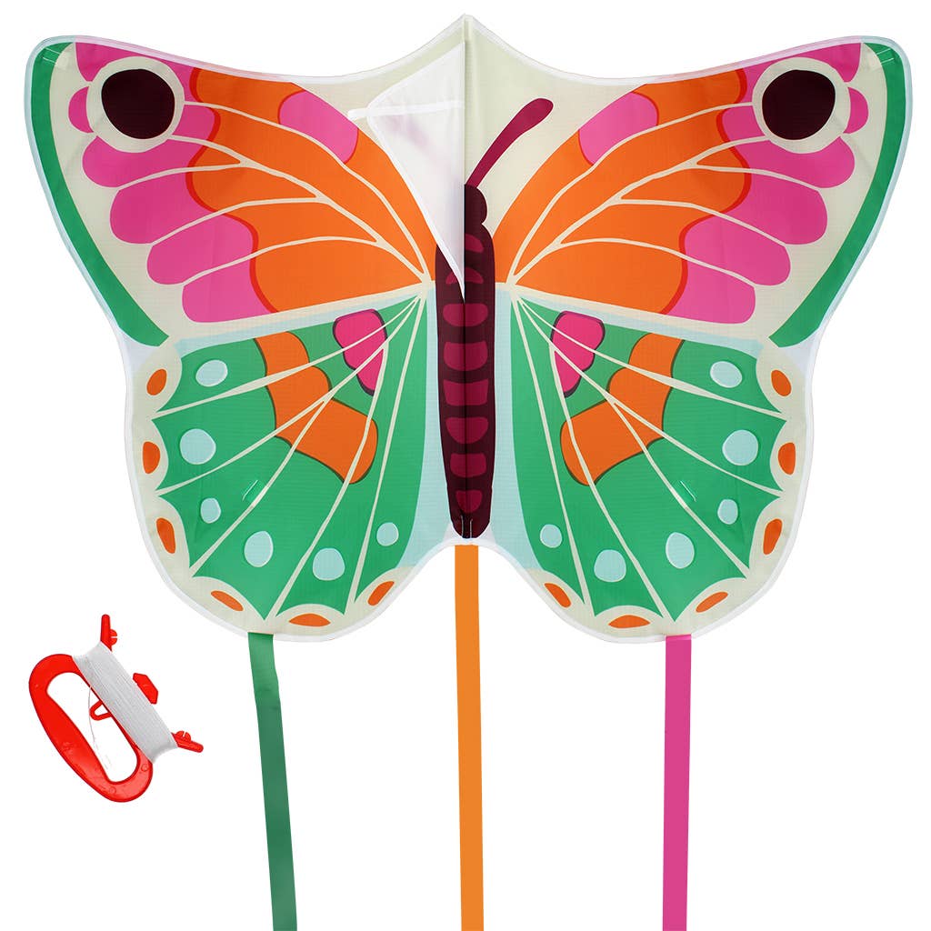 Colorful butterfly kite with a handle on a white background