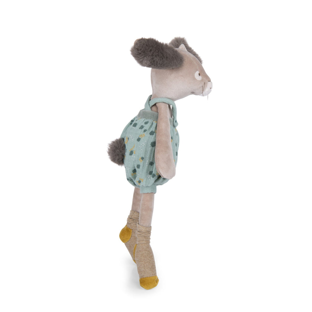 Rabbit soft toy with sage coloured outfit and fluffy ears
