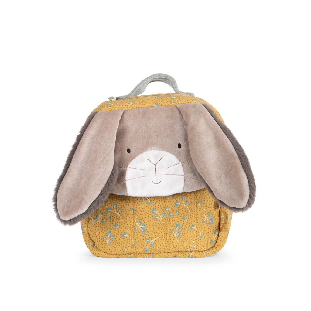 Children's backpack shaped like a bunny with yellow floral pattern on a white background