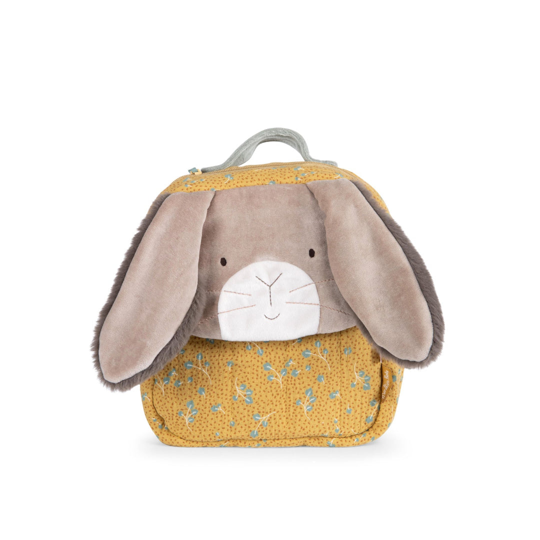 Children's backpack shaped like a bunny with yellow floral pattern on a white background