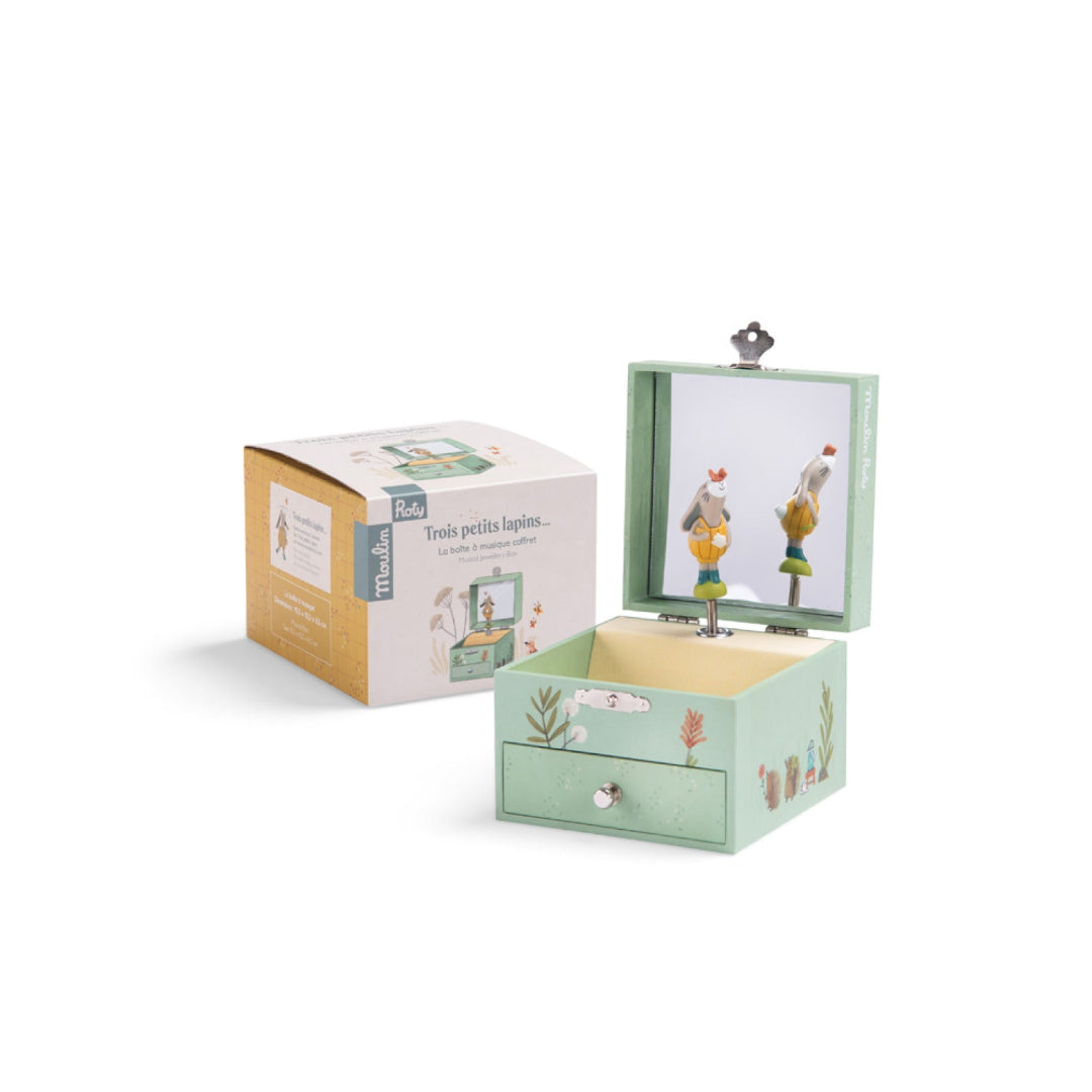 A mint green wooden rabbit design music box with singing rabbit inside, shown next to its product packaging box on a white background.