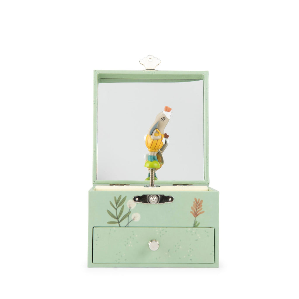 A light green wooden music box with a single drawer, decorated with botanical illustrations. The top lid is open, revealing a miniature dancing rabbit figurine inside.