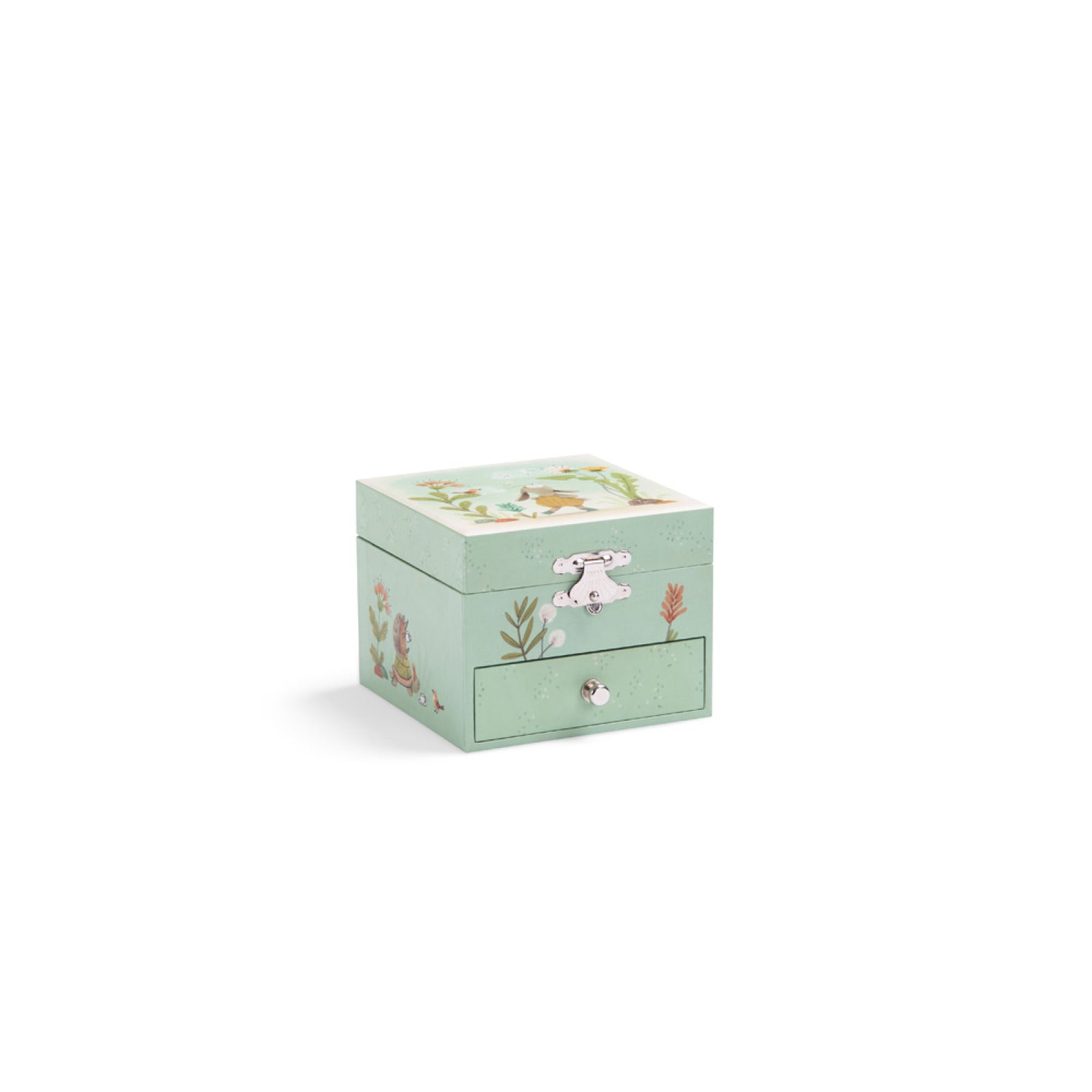 Green jewelry box with floral and animal design on a white background