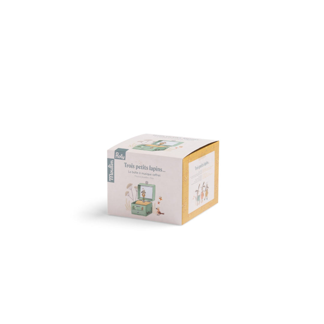 Product packaging box with gold and white design on a white background