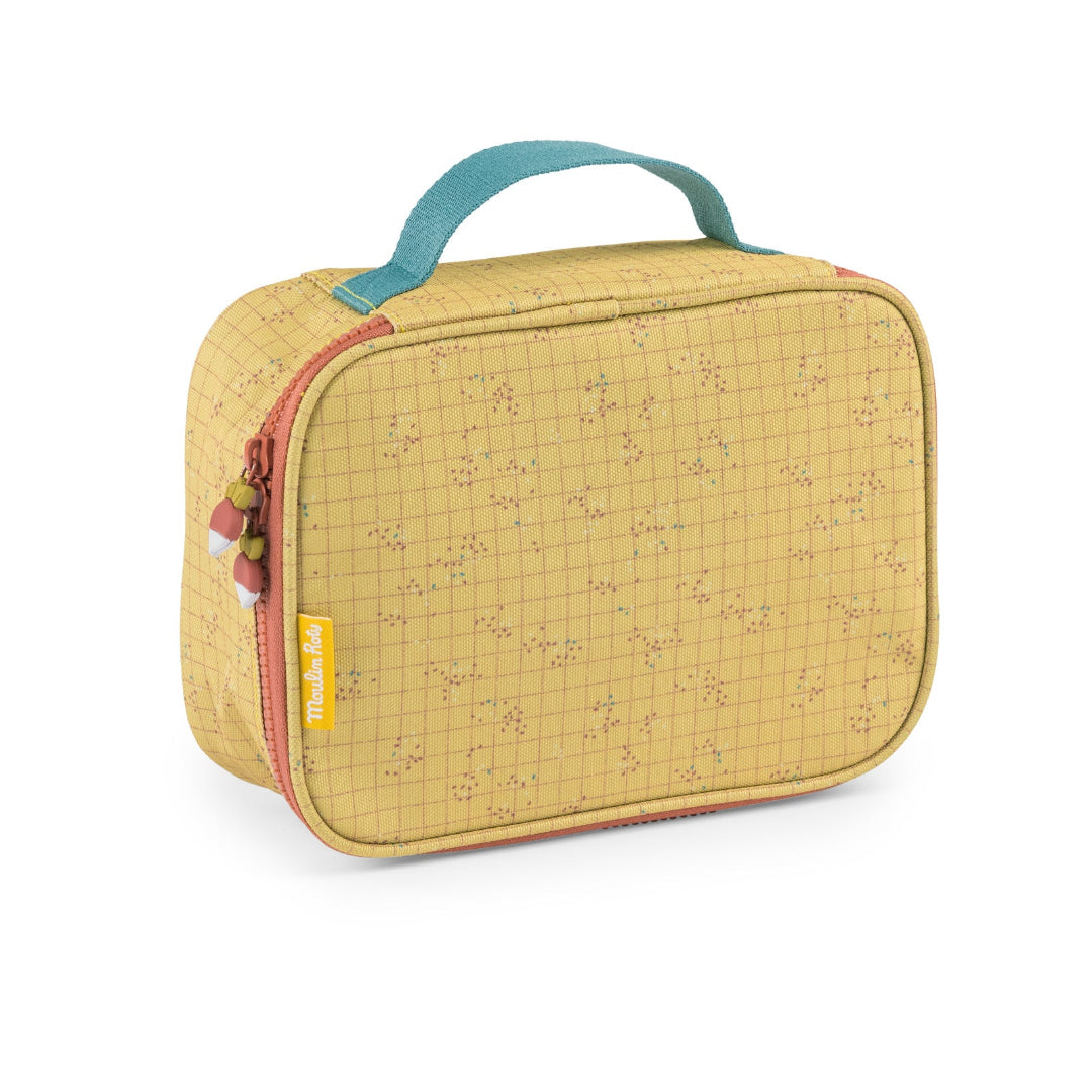 Yellow grid-patterned Lunch bag with a blue handle on a white background