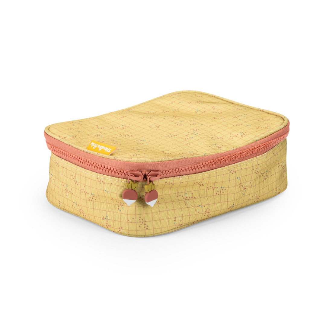 Yellow lunch bag with pink zipper on a white background