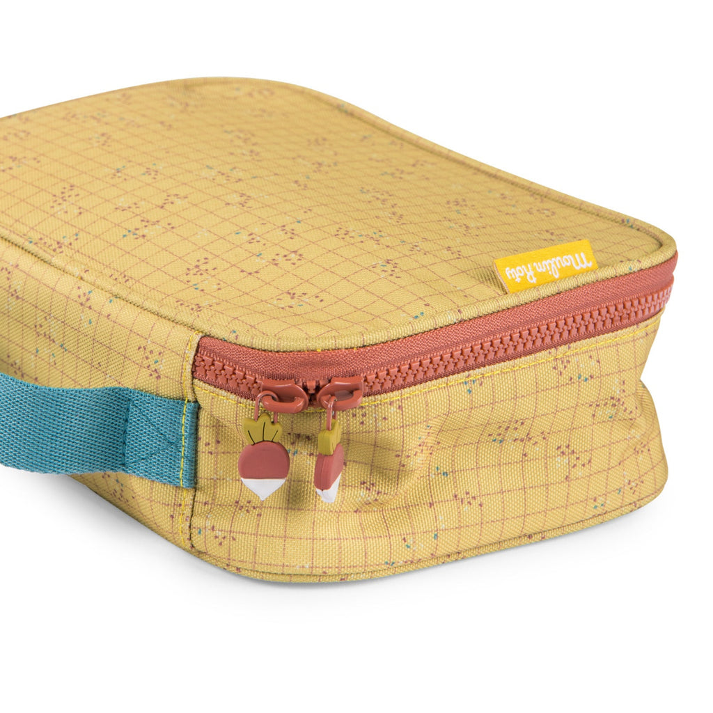 Yellow lunch bag with a colourful zipper on a white background