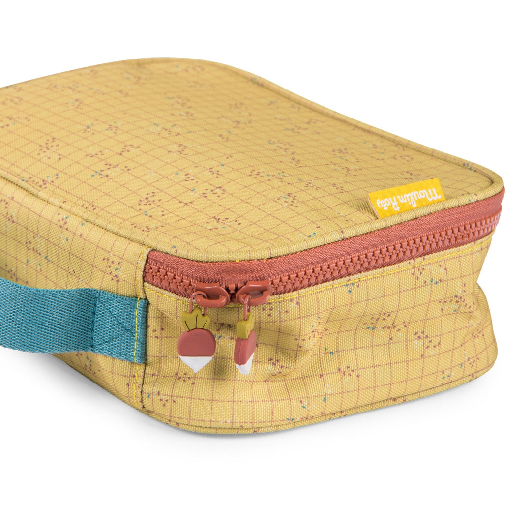 Yellow lunch bag with a colourful zipper on a white background