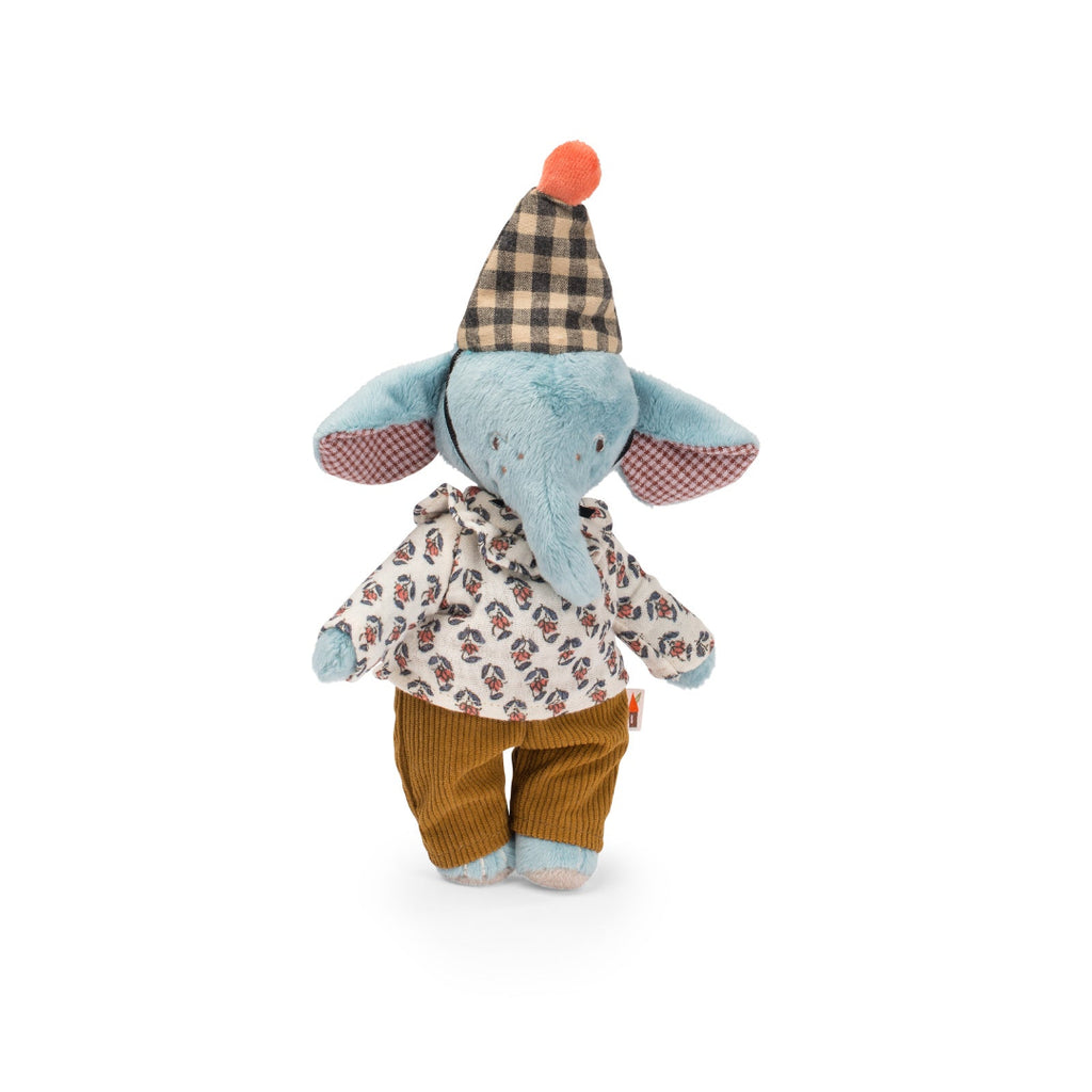 elephant soft toy dressed with a pointy hat and floral outfit