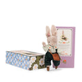 Stuffed rabbit toy with a checkered shirt and overalls, standing next to a decorative box on a white background.