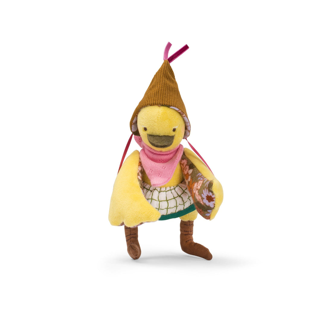 Plush toy duck wearing a hat and scarf on a white background