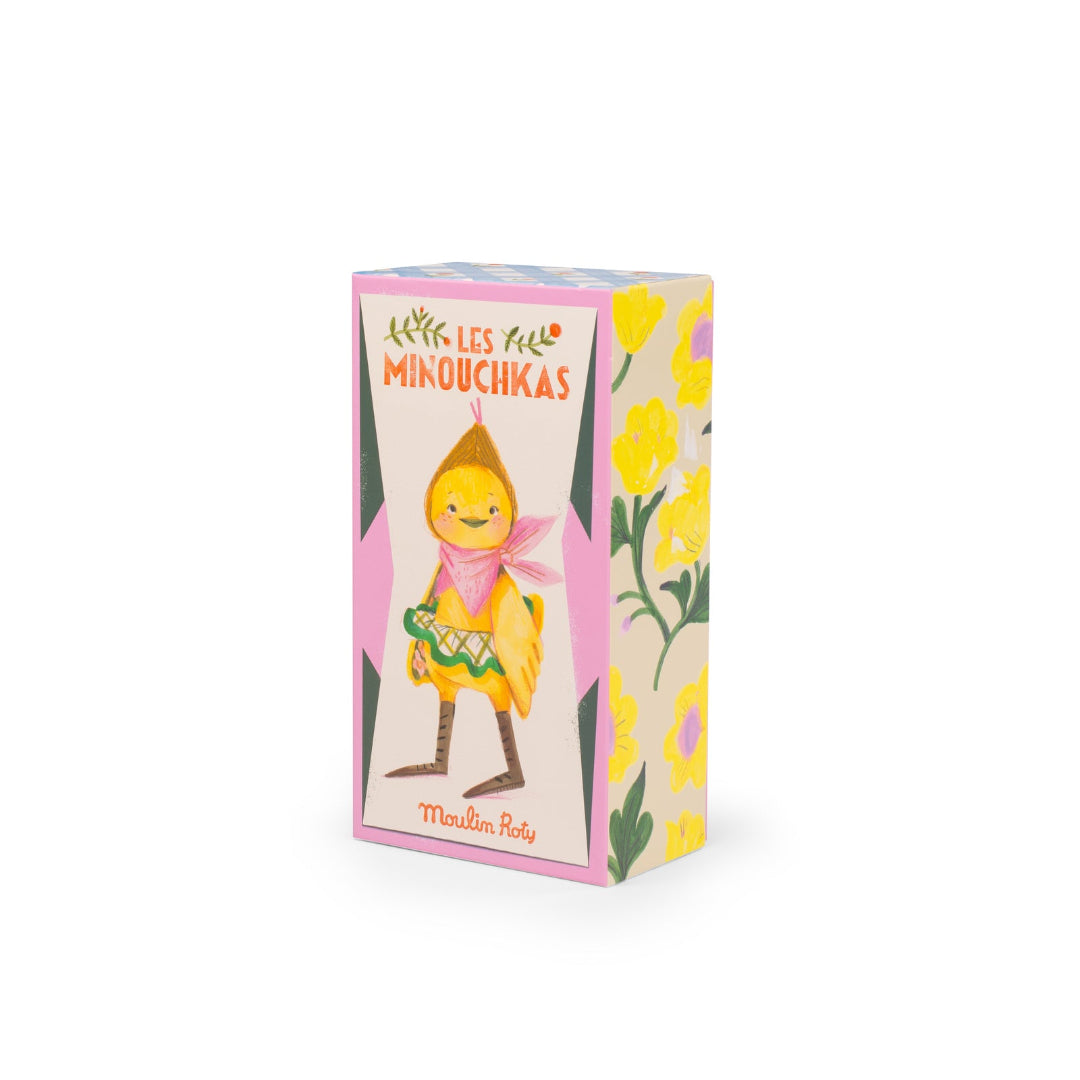 Box with cartoon character and floral design on a white background