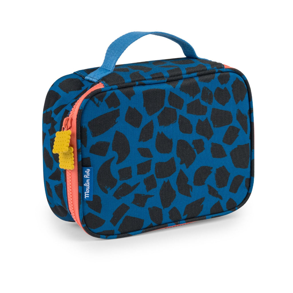 Blue lunch bag with black pattern on a white background